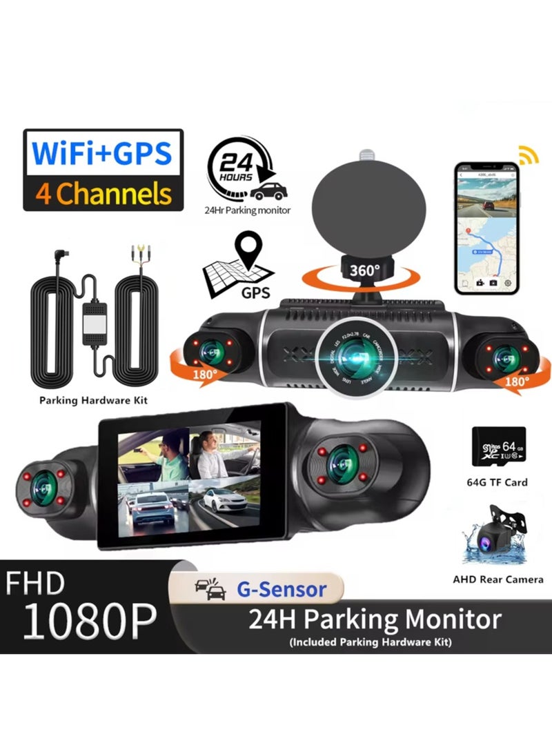 LAESO - Dash Cam, 4 Channel FHD 1080P, 360° All-Around Car DVR System, Built-in WiFi and GPS, Adjustable Lens Dash Camera for Cars with Night Vision, G-Sensor, 24 Hours Parking Mode(Included 64G Card) - Image 1