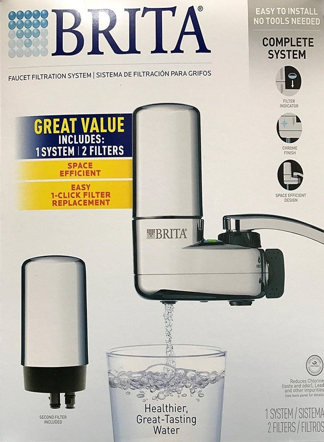 بريتا نظام الترشيح المثبت على الصنبور من BRITA Chrome، يتضمن نظامًا واحدًا ومرشحين. - Image 1