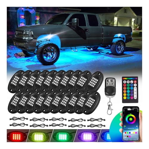 TDE Explorer.Lighting 20 Pods RGB LED Rock Lights for Semi Trucks Offroad Pickup Trailer Sedan Boat 12V Waterproof Dual Zone APPRF Control Music Mode Brake Light Red Green Blue Underglow Neon Kit with Extension Wires - Image 1