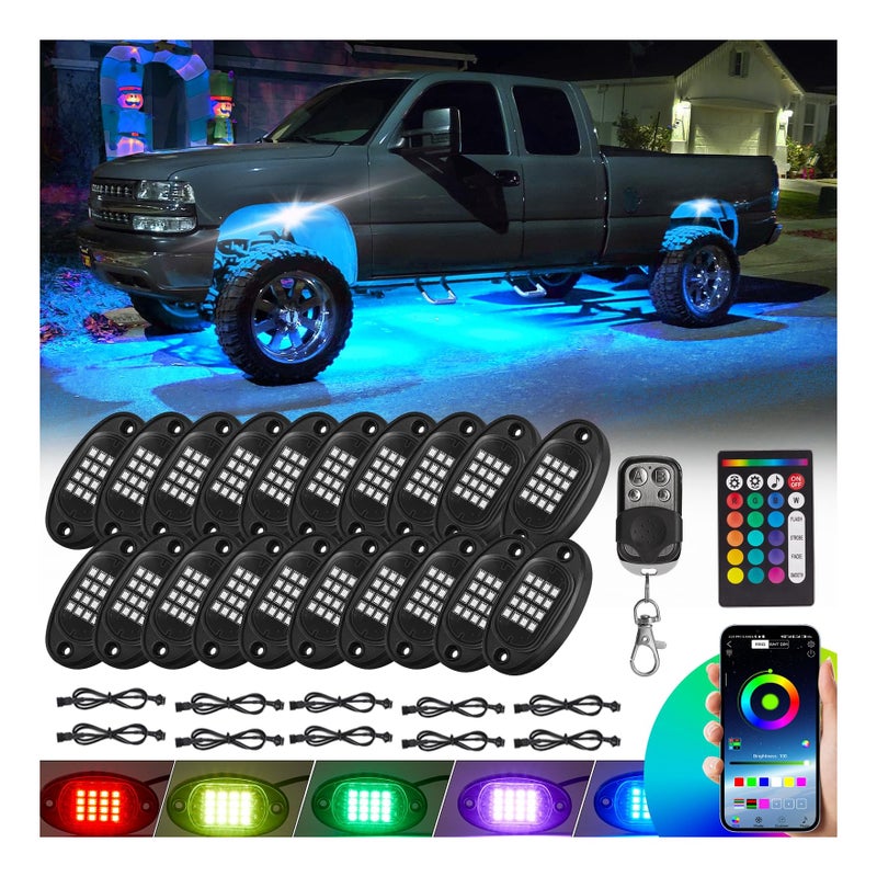 TDE Explorer.Lighting 20 Pods RGB LED Rock Lights for Semi Trucks Offroad Pickup Trailer Sedan Boat 12V Waterproof Dual Zone APPRF Control Music Mode Brake Light Red Green Blue Underglow Neon Kit with Extension Wires - Image 2