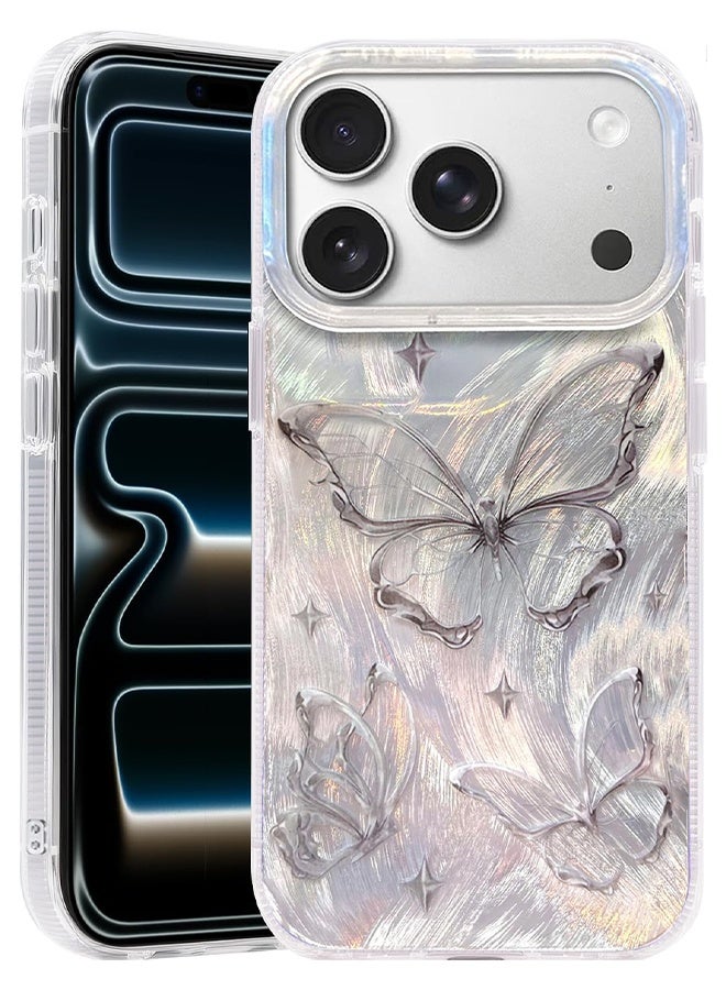 با لوف متوافق مع غطاء iPhone 17 Pro، تصميم فراشة فضية لامعة، حقيبة هاتف ناعمة رقيقة صامدة للصدمات من نوع TPU، نمط خيوط الريش، غطاء هاتف لي النساء والفتيات، بريق جمالي - Image 1