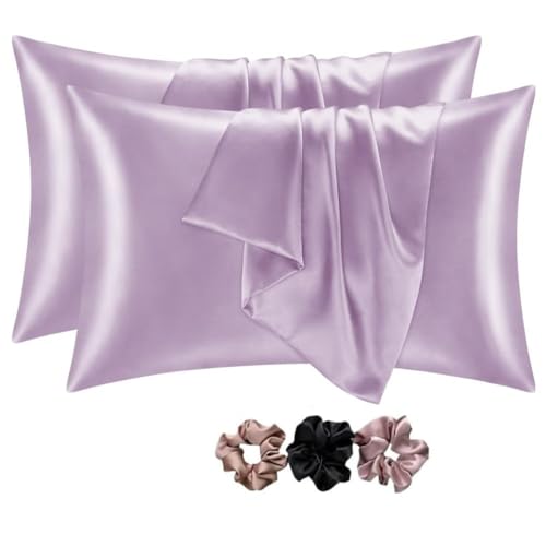GO WELL Satin Silk Solid Pillow Cover for Hair and Skin 2 Piece with 3 Piece Satin Scrunchies for Women|Silk Pillow Covers with Envelope Closure End Design|Silk Pillow Cases(Light Purple) 600 Tc - Image 1