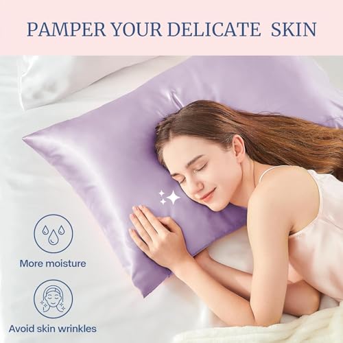 GO WELL Satin Silk Solid Pillow Cover for Hair and Skin 2 Piece with 3 Piece Satin Scrunchies for Women|Silk Pillow Covers with Envelope Closure End Design|Silk Pillow Cases(Light Purple) 600 Tc - Image 3