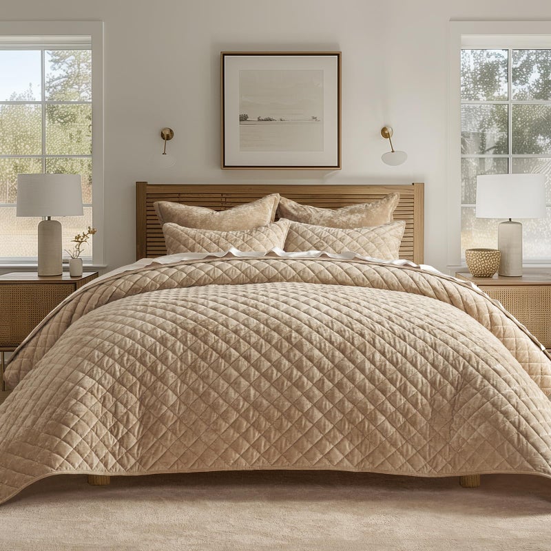 EVERGRACE Luxury Velvet Quilt Set King Size, Diamond Quilted Lightweight Velvet Comforter for All Season, Ultra Soft Oversized Bedspread Coverlet Bedding Set with 2 Pillow Shams, Beige Taupe - Image 1