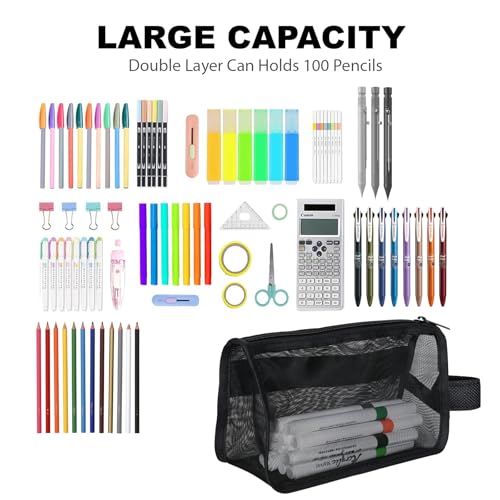 Wangzhong mountain 2-Pack Grid Mesh Pencil Case with Handle and Zipper, Double Layer Clear Pencil Pouch, Travel Makeup Bag and Small Toiletry Bag for Purse, Marker Pouch, College Essentials School Supplies (Black) - Image 5