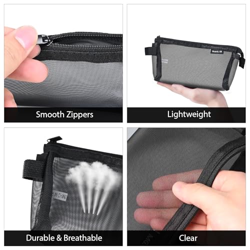 Wangzhong mountain 2-Pack Grid Mesh Pencil Case with Handle and Zipper, Double Layer Clear Pencil Pouch, Travel Makeup Bag and Small Toiletry Bag for Purse, Marker Pouch, College Essentials School Supplies (Black) - Image 4