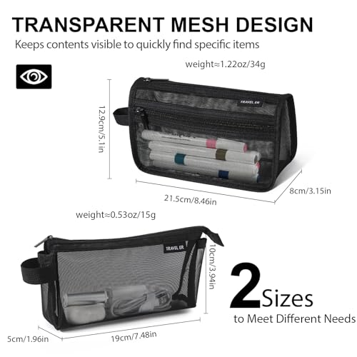 Wangzhong mountain 2-Pack Grid Mesh Pencil Case with Handle and Zipper, Double Layer Clear Pencil Pouch, Travel Makeup Bag and Small Toiletry Bag for Purse, Marker Pouch, College Essentials School Supplies (Black) - Image 2