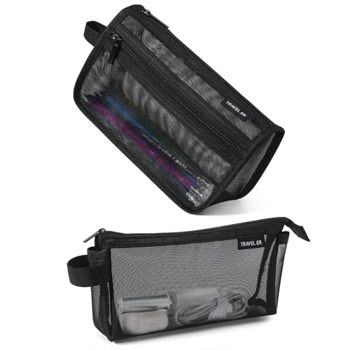 Wangzhong mountain 2-Pack Grid Mesh Pencil Case with Handle and Zipper, Double Layer Clear Pencil Pouch, Travel Makeup Bag and Small Toiletry Bag for Purse, Marker Pouch, College Essentials School Supplies (Black) - Image 1