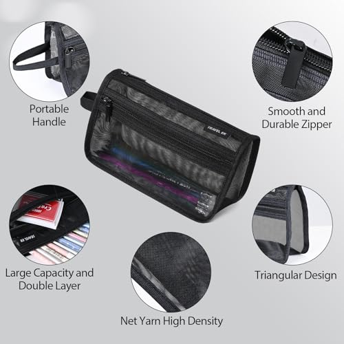 Wangzhong mountain 2-Pack Grid Mesh Pencil Case with Handle and Zipper, Double Layer Clear Pencil Pouch, Travel Makeup Bag and Small Toiletry Bag for Purse, Marker Pouch, College Essentials School Supplies (Black) - Image 3
