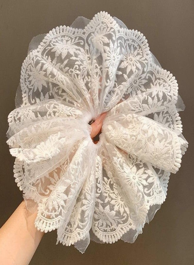 PLwelth Oversize Lace Scrunchies for Women Girls French White Lace Hair Ties Extra Large Embroidery Hair Bands for Thick Hair Ponytail Holder Fashion Hair Accessories for Wedding Party Birthday Gifts - Image 4
