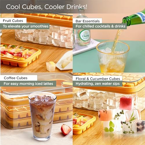 UMAI 2 Layer Ice Cube Trays with Storage Box & Ice Scoop | 64 Compartments | One Press Demolding | Ice Cubes for Whiskey Cocktails Mocktails Soft Drinks | BPA Free | Orange - Image 4