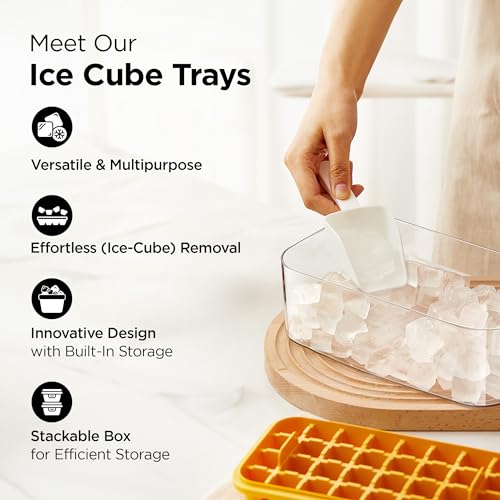 UMAI 2 Layer Ice Cube Trays with Storage Box & Ice Scoop | 64 Compartments | One Press Demolding | Ice Cubes for Whiskey Cocktails Mocktails Soft Drinks | BPA Free | Orange - Image 2