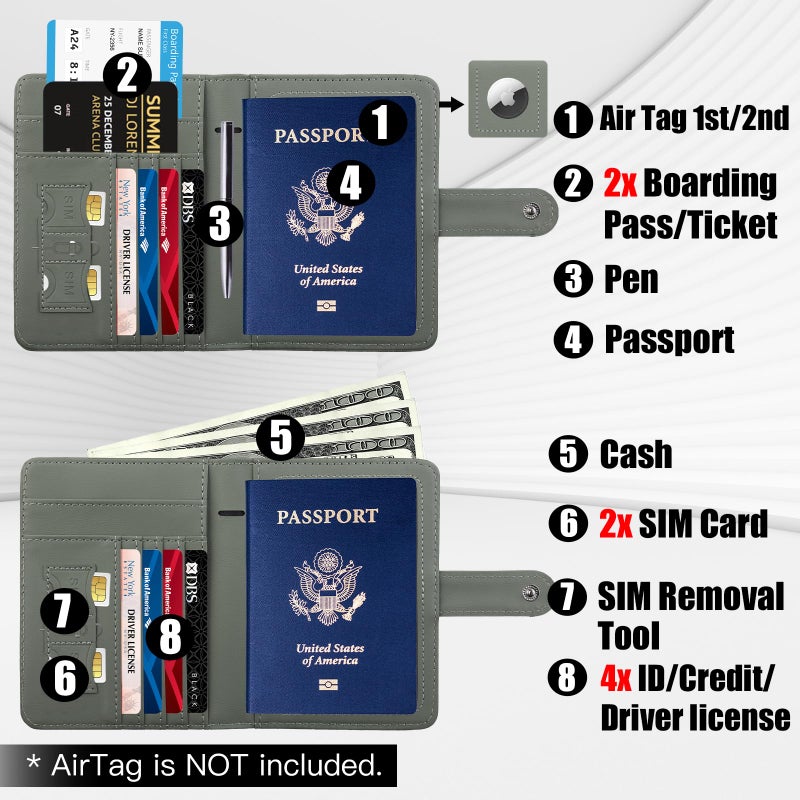 GOAUS Passport Holder for Travel with AirTag Slot Cards Cash Pocket, Faux Leather Travle Wallet Gifts for Women Men RFID Blocking Book Case Green, AirTag Not Included - Image 3