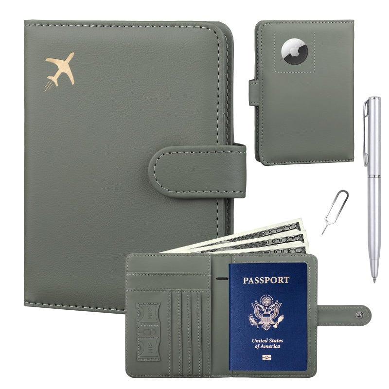 GOAUS Passport Holder for Travel with AirTag Slot Cards Cash Pocket, Faux Leather Travle Wallet Gifts for Women Men RFID Blocking Book Case Green, AirTag Not Included - Image 1