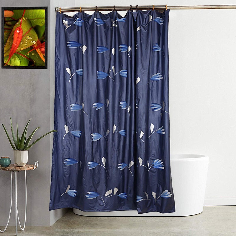 Kuber Industries Leaf Design 7 Feet Shower Curtain with 8 Hooks (Blue)-CTKTC14441 - Image 1