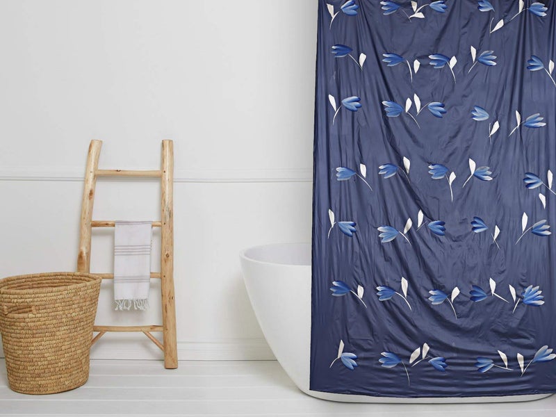 Kuber Industries Leaf Design 7 Feet Shower Curtain with 8 Hooks (Blue)-CTKTC14441 - Image 2