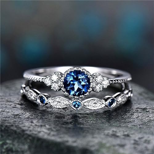 AZQ Fashion 2PCS 925 Sterling Silver Natural Sapphire Ring Round Cut Cubic Zirconia Promise Rings CZ Classical Eternity Engagement Wedding Band Ring Set for Women (US Code 8) - Image 3