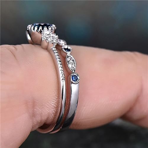 AZQ Fashion 2PCS 925 Sterling Silver Natural Sapphire Ring Round Cut Cubic Zirconia Promise Rings CZ Classical Eternity Engagement Wedding Band Ring Set for Women (US Code 8) - Image 4