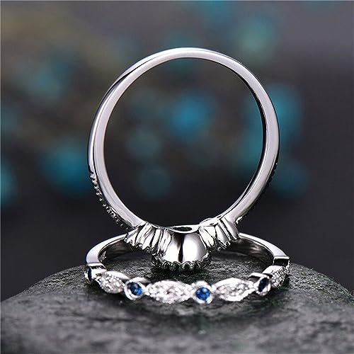 AZQ Fashion 2PCS 925 Sterling Silver Natural Sapphire Ring Round Cut Cubic Zirconia Promise Rings CZ Classical Eternity Engagement Wedding Band Ring Set for Women (US Code 8) - Image 5