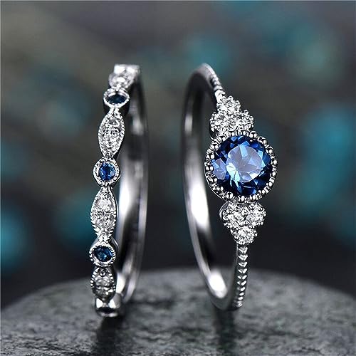 AZQ Fashion 2PCS 925 Sterling Silver Natural Sapphire Ring Round Cut Cubic Zirconia Promise Rings CZ Classical Eternity Engagement Wedding Band Ring Set for Women (US Code 8) - Image 2