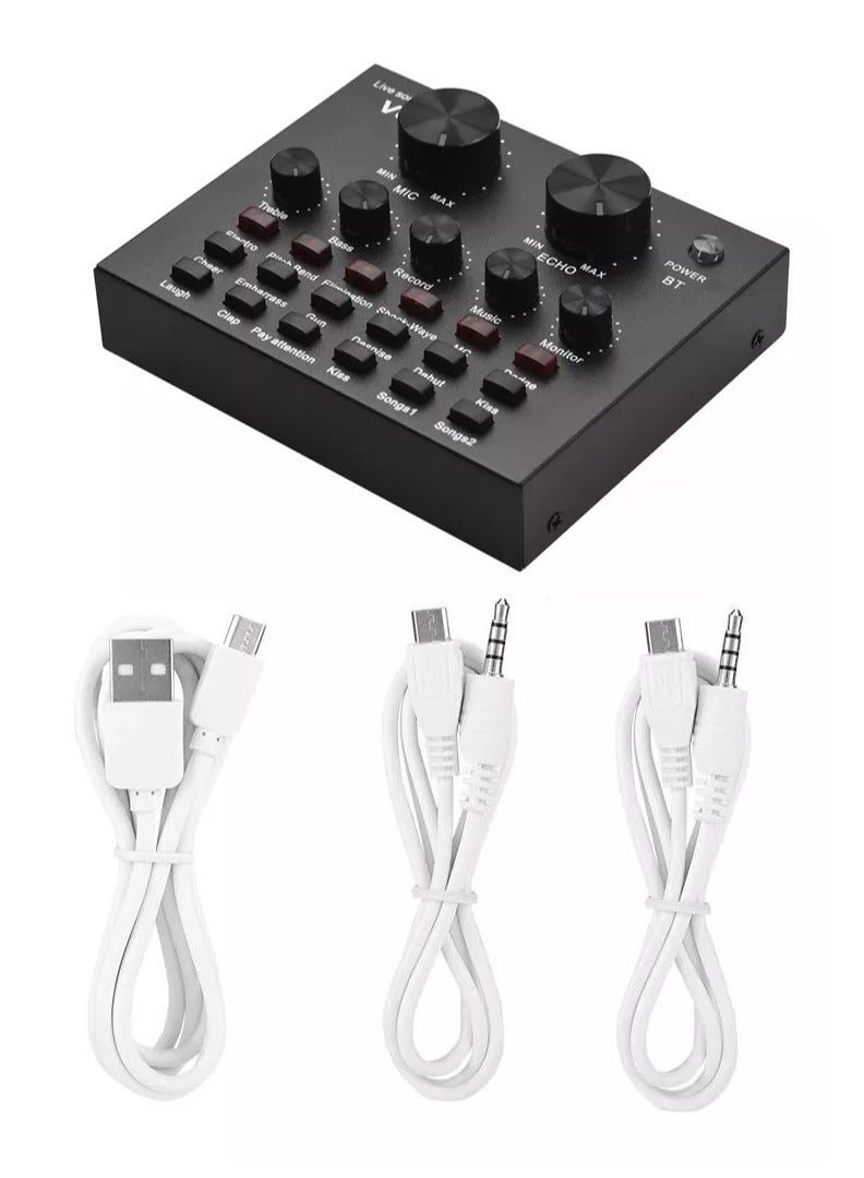 V8 Podcast Live Sound Card, Multiple Sound Effects Voice Changing Mini Sound Mixer Board for Live Streaming Home KTV Singing - Image 1