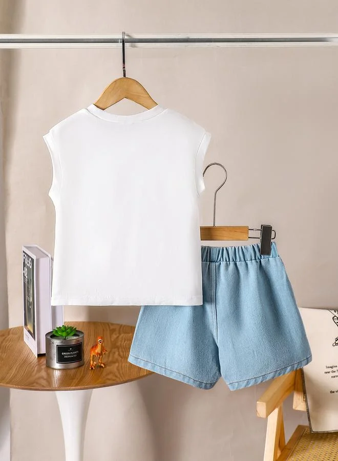 تايك تو Boys Dinosaur Print Tank Top and Denim Shorts Set