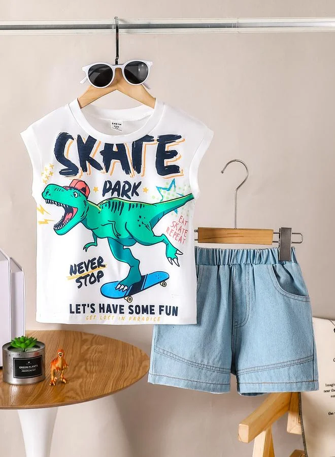 تايك تو Boys Dinosaur Print Tank Top and Denim Shorts Set