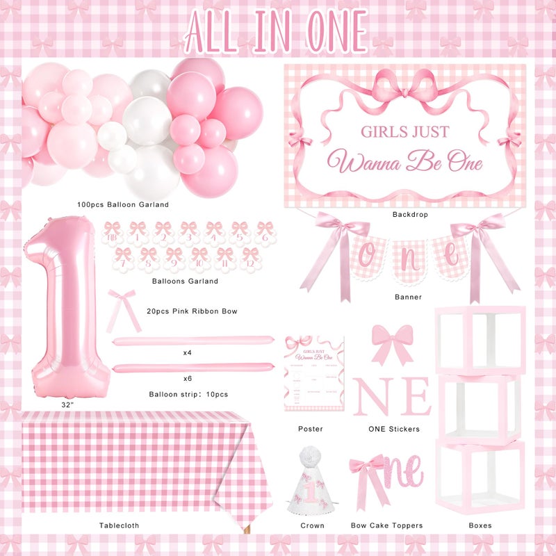 Kriyokiaa Girls Just Wanna Be One birthday Decorations for Girl Coquette First Birthday Decorations with Balloons Arch, Highchair Banner Bow Theme Backdrop, Photo Banner, Cake Topper - Image 2