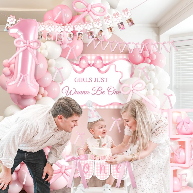 Kriyokiaa Girls Just Wanna Be One birthday Decorations for Girl Coquette First Birthday Decorations with Balloons Arch, Highchair Banner Bow Theme Backdrop, Photo Banner, Cake Topper - Image 4