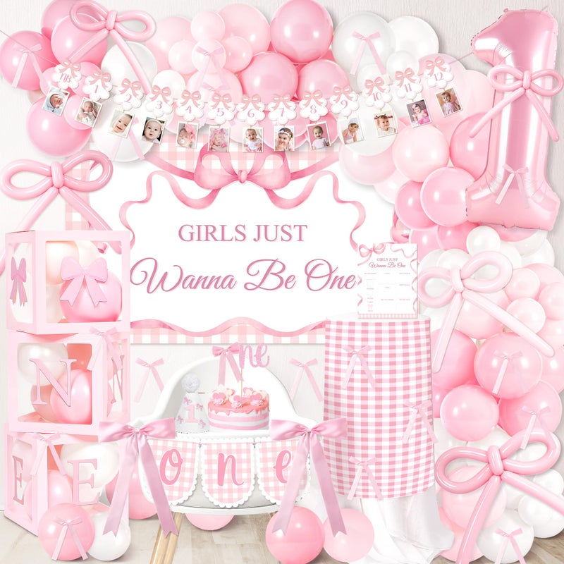 Kriyokiaa Girls Just Wanna Be One birthday Decorations for Girl Coquette First Birthday Decorations with Balloons Arch, Highchair Banner Bow Theme Backdrop, Photo Banner, Cake Topper - Image 1