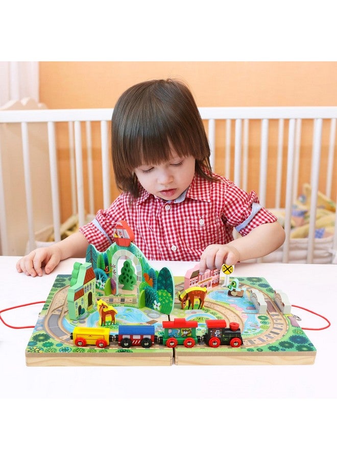 Joqutoys 18 Piece Train Set For Toddlers Wooden Takealong Tabletop Railroad For Kids Age 3+ Portable Durable Train Tracks Train Toys With 4 Trains Bridge Play Pieces - Image 3