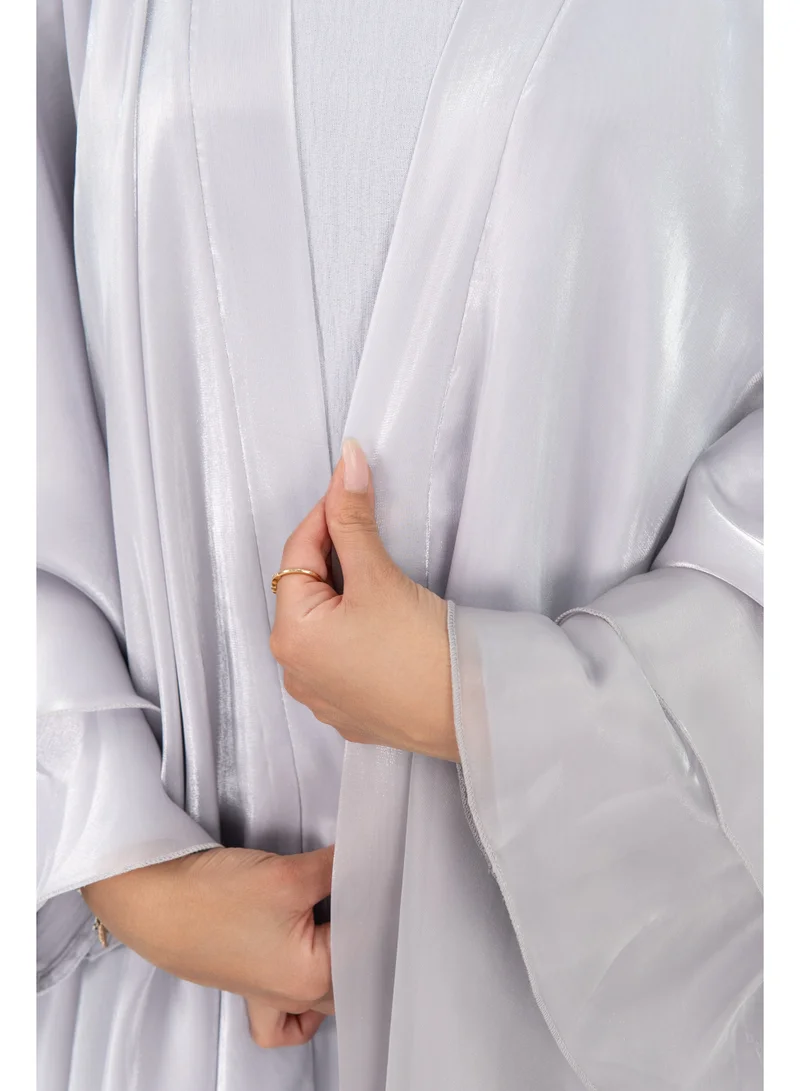 Ophelia  Dreamy Abaya – Soft Silver 3-in-1 Set with Inner Dress & Matching Hijab for Women | Best Price UAE