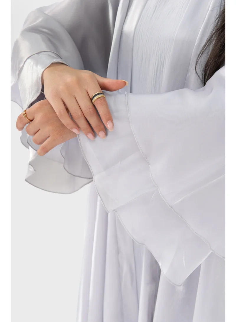 Ophelia  Dreamy Abaya – Soft Silver 3-in-1 Set with Inner Dress & Matching Hijab for Women | Best Price UAE