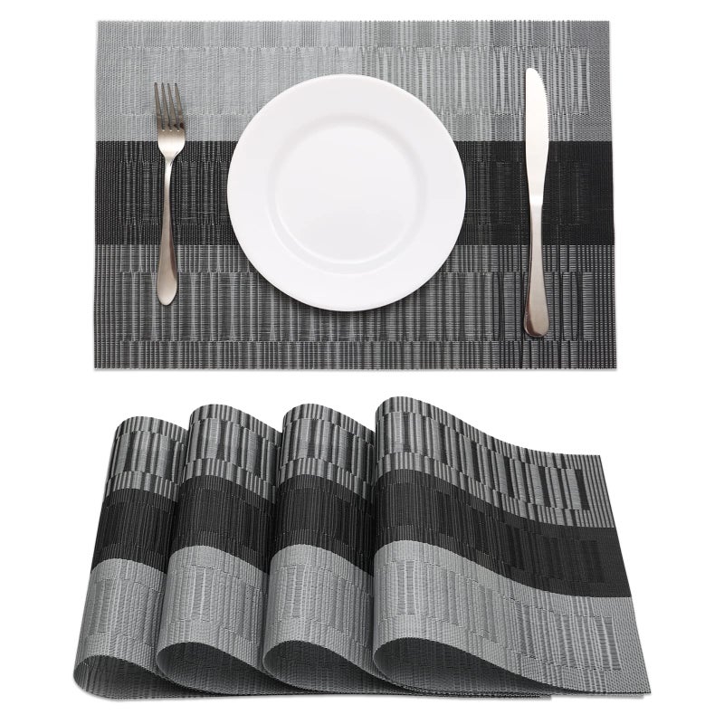 HeloHo Black Placemats Set of 4 HeatResistant Washable Place Mats NonSlip Vinyl Woven Table Mats Wipeable Placemat for Kitchen Dining Table Decoration Indoor Outdoor