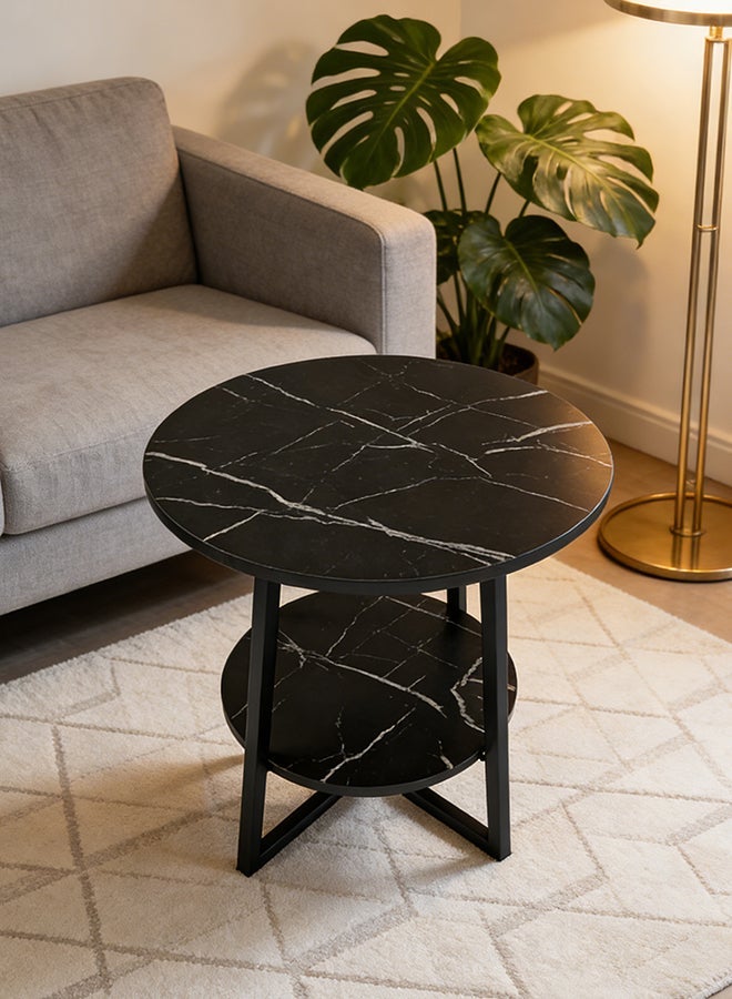 Migue home طاولة قهوة حديثة بطبقتين لغرفة المعيشة، طاولة جانبية، سهلة التجميع، تشطيب يشبه الرخام، 55 سم ارتفاع × 60 سم عرض، لون أسود وأبيض - Image 1