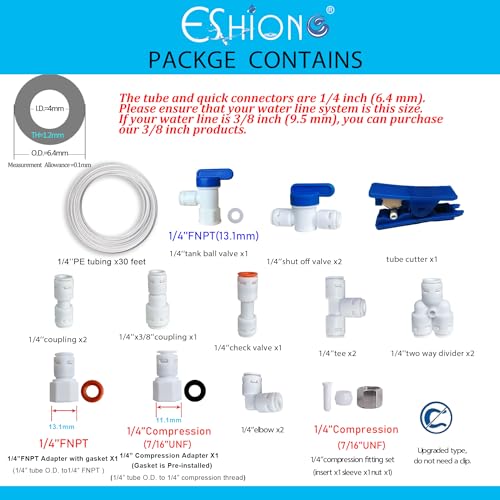 ESHIONG NSF Certified 1/4" O.D. Push to Connect Fittings for RO (Reverse Osmosis) Water Filter（ Fridge Installation Kits）20 pcs+30 feet 1/4" Water tubing. - Image 2