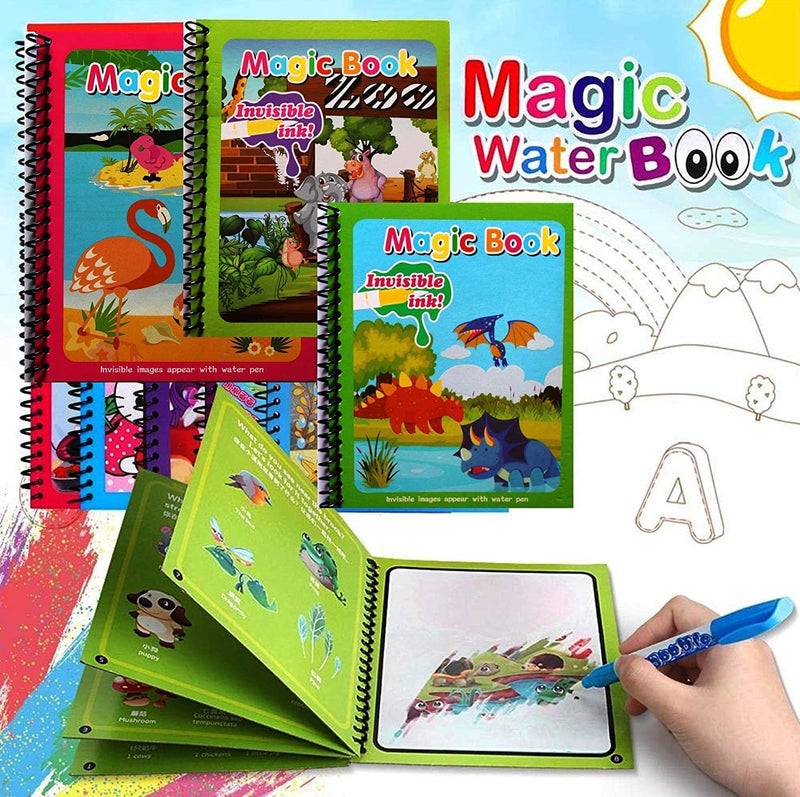 E-DUNIA Water Magic Book,Reusable Painting Book Unicorn Dinosaur Animal Ocean Universe Cartoon Painting for Toddlers Educational Learning Kits Gifts for Children(Random Design & Assorted Color) (4) - Image 1