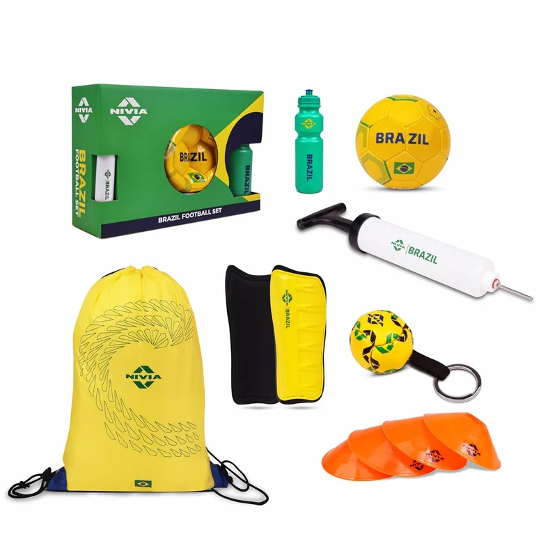 Nivia Brazil Football Set - Complete 7-in-1 Kit with PVC Football, Shin Guards, Pump, Carry Bag, Water Bottle, Cones, and Key Ring