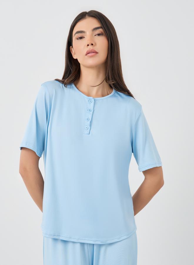 Take Two Solid Front Button Short Sleeve T-Shirt and Pyjama Set - Image 2