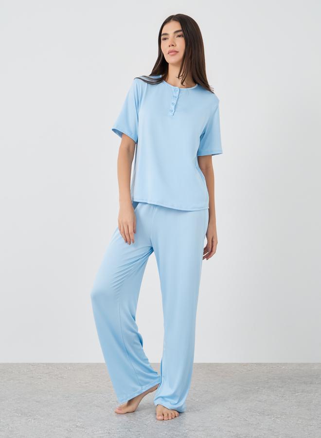 Take Two Solid Front Button Short Sleeve T-Shirt and Pyjama Set - Image 1