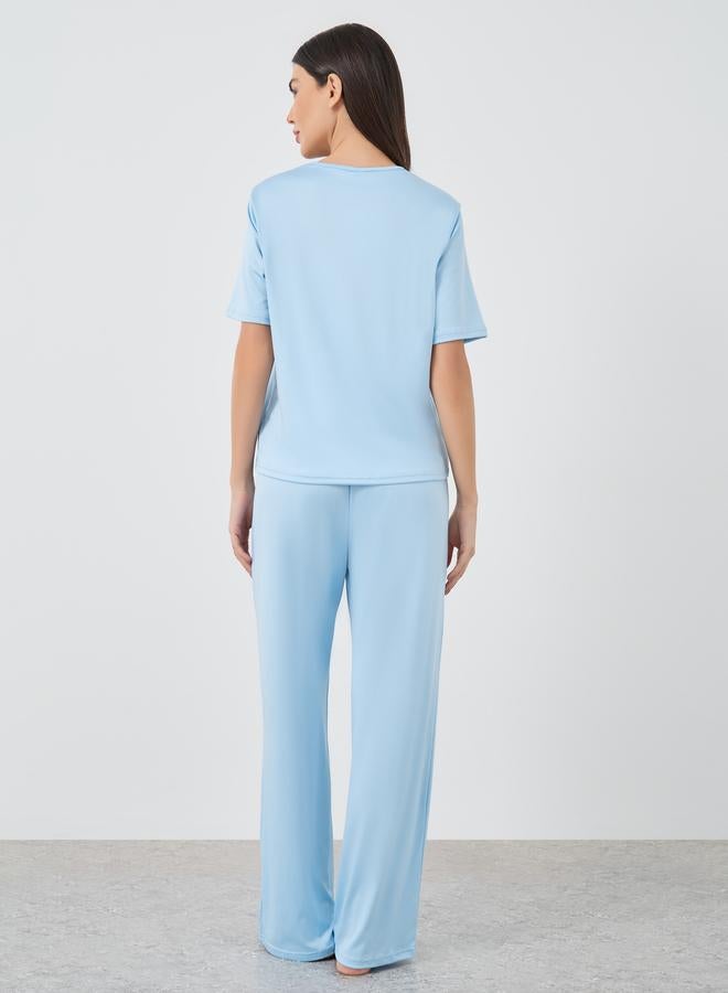 Take Two Solid Front Button Short Sleeve T-Shirt and Pyjama Set - Image 5