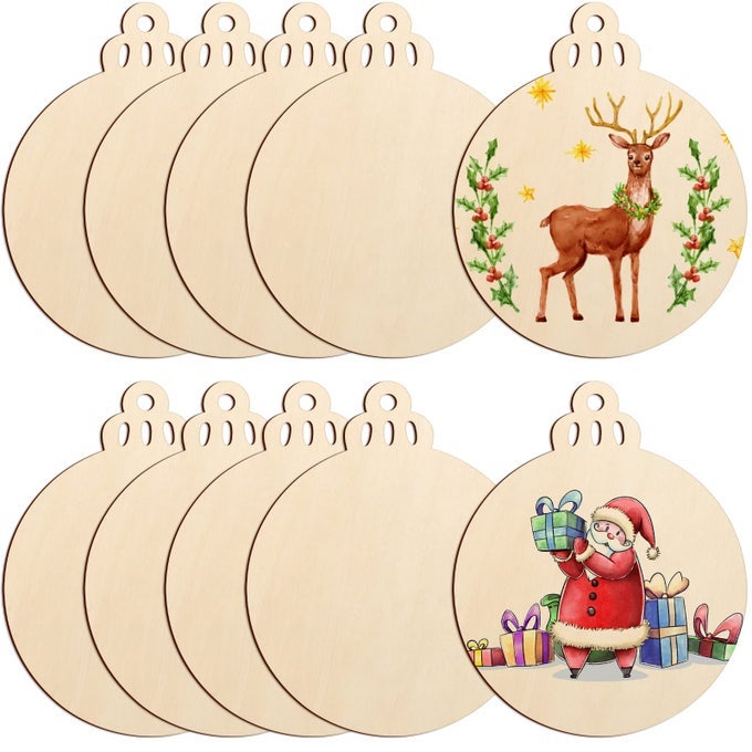 LARGE SIZE 7 WOODEN CHRISTMAS ORNAMENTS TO PAINT DIY BLANK UNFINISHED ROUND WOOD DISCS ORNAMENT FOR CRAFTS HANGING DECORATIONS10PCS