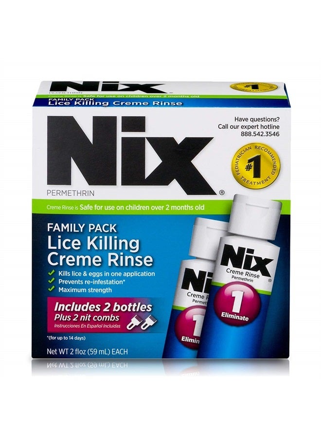 NIX Lice Killing Creme Rinse Extra Strength Family Pack, 2 Creme Rinse, 2 fl oz bottles & 2 Lice Combs - Image 1
