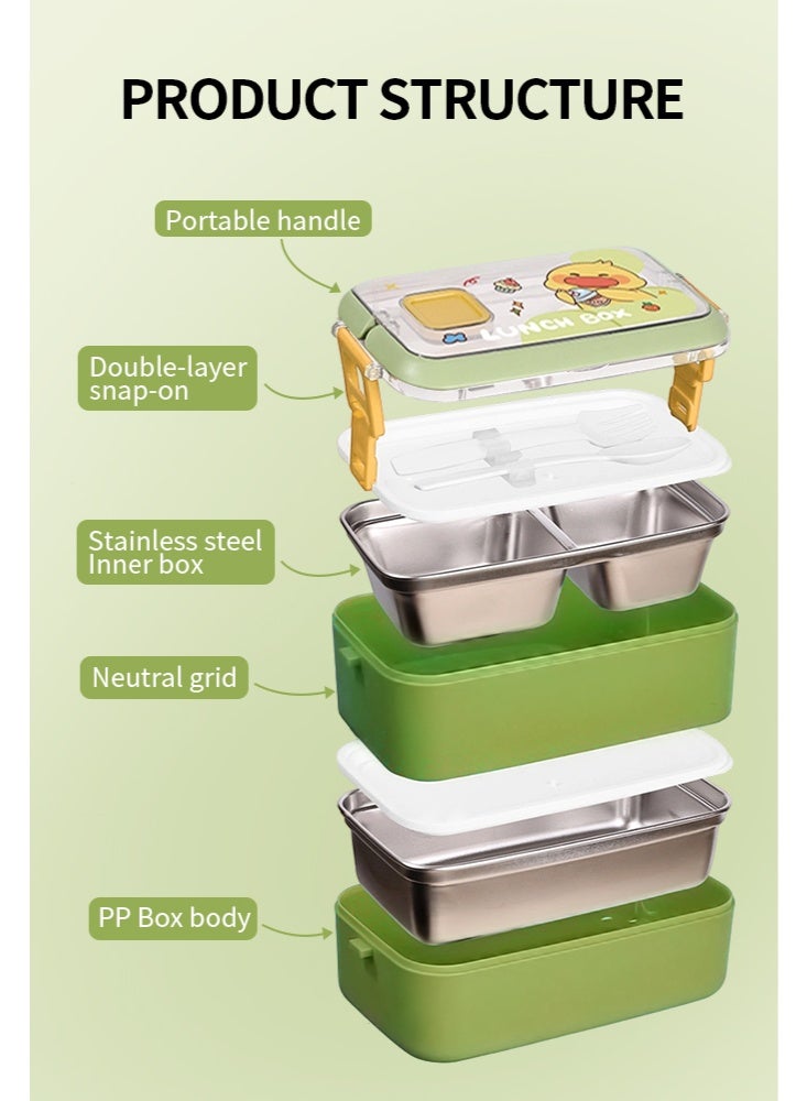 WOLFATION FOR YOU Double-Layer Insulated Lunch Box for Boys & Girls, 304 Stainless Steel Kids Bento Box, Leakproof & Odor-Proof, Detachable Easy-Clean, Includes Utensils (Fresh Green) - Image 3