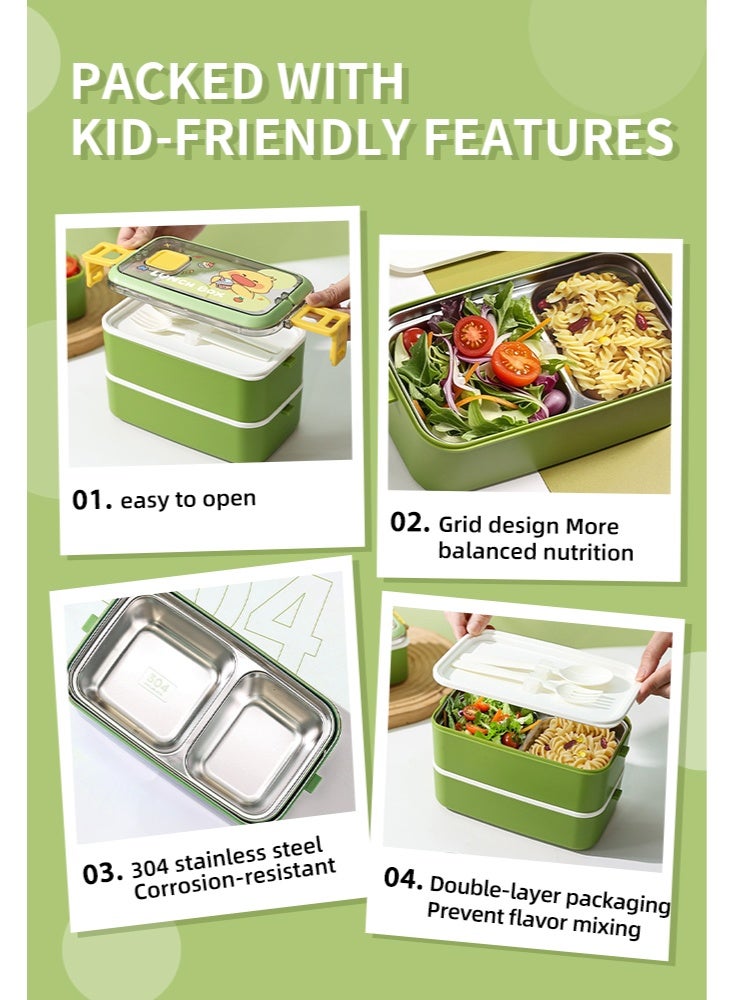 WOLFATION FOR YOU Double-Layer Insulated Lunch Box for Boys & Girls, 304 Stainless Steel Kids Bento Box, Leakproof & Odor-Proof, Detachable Easy-Clean, Includes Utensils (Fresh Green) - Image 4