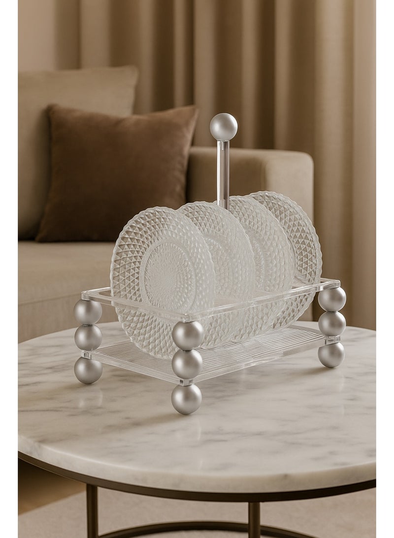 Dania A set of 6 clear glass plates for sweets, nuts and serving all occasions, with a clear acrylic stand featuring beautiful and elegant silver ball decorations. Plate size: 15 cm. - Image 1