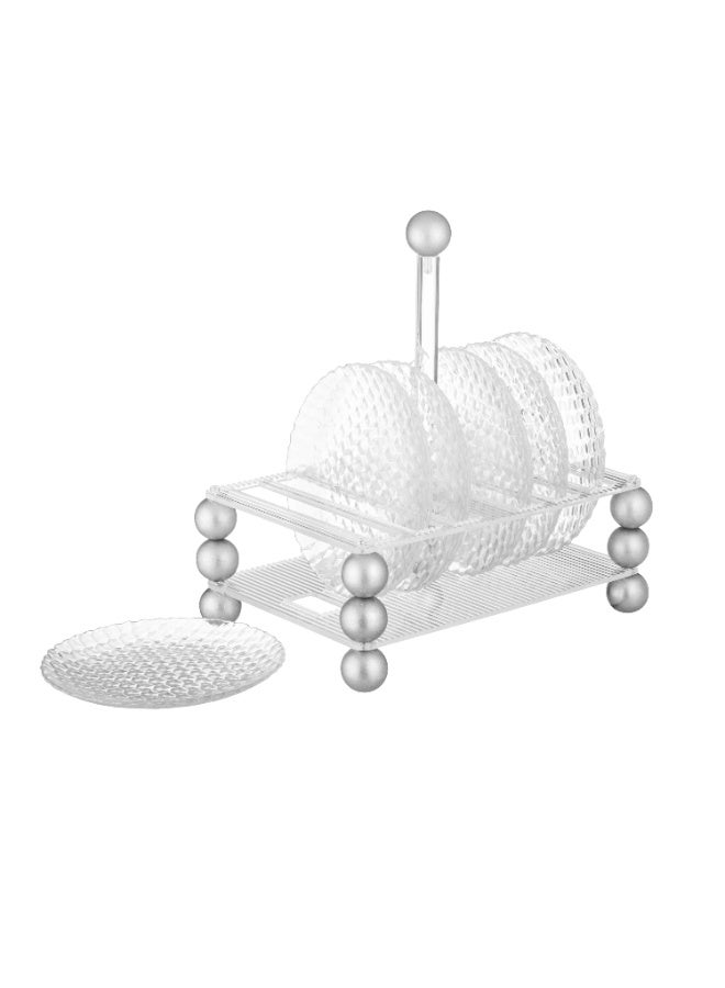 Dania A set of 6 clear glass plates for sweets, nuts and serving all occasions, with a clear acrylic stand featuring beautiful and elegant silver ball decorations. Plate size: 15 cm. - Image 4