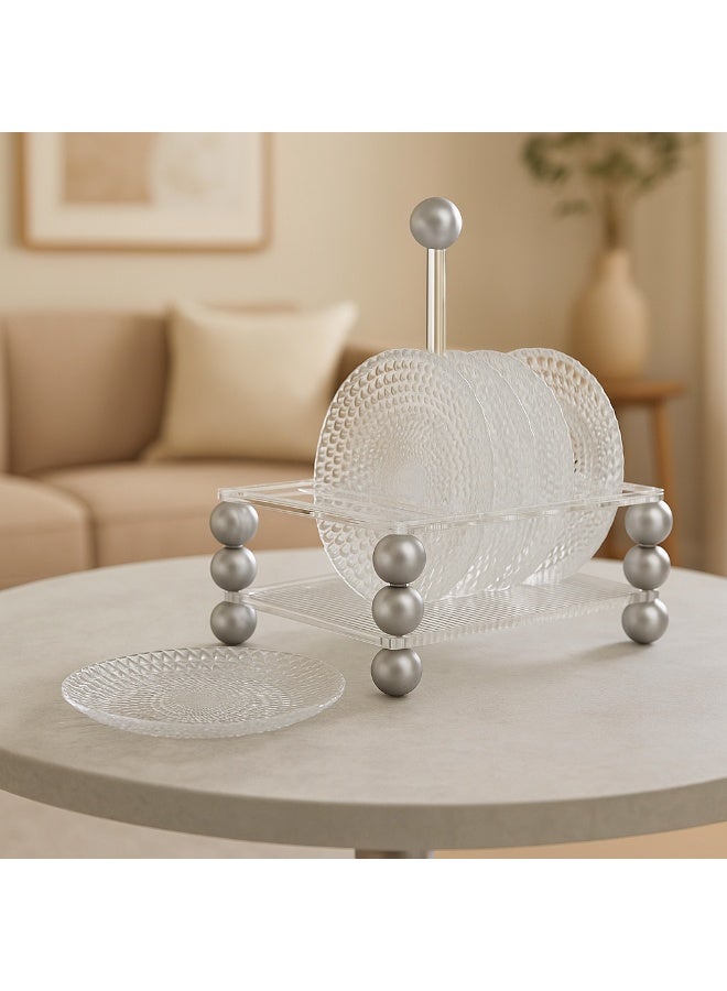 Dania A set of 6 clear glass plates for sweets, nuts and serving all occasions, with a clear acrylic stand featuring beautiful and elegant silver ball decorations. Plate size: 15 cm. - Image 2