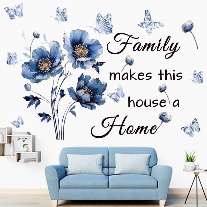 Datesno Blue Family Quote Wall Stickers Family Make This House a Home Wall Decals Peel and Stick Vinyl Wall Sticker for Living Room Bedroom Office (Blue-Black) - Image 1