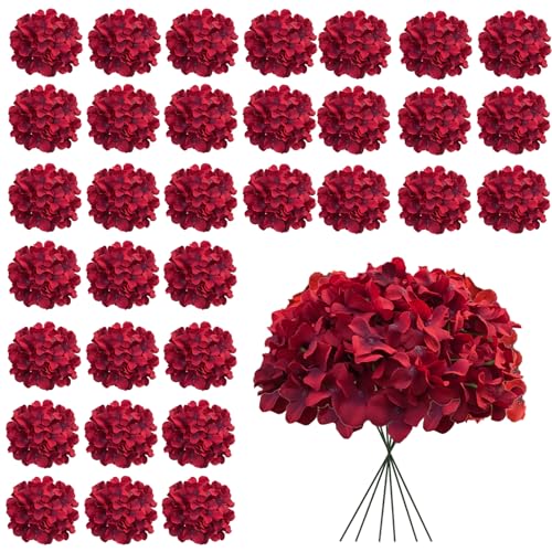 Cherica Dark Red Hydrangea Artificial Flowers Bulk 30 Pcs Faux Hydrangea Flowers Heads Artificial Fake Silk Hydrangea Flowers with Stems Red Flowers Artificial for Decoration Wedding Dcor - Image 1